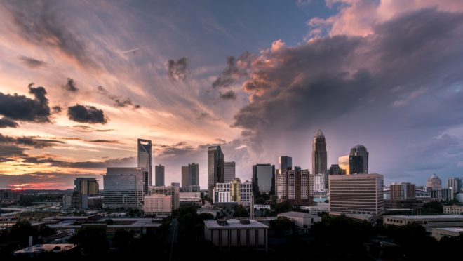 Charlotte city skyline at sunset